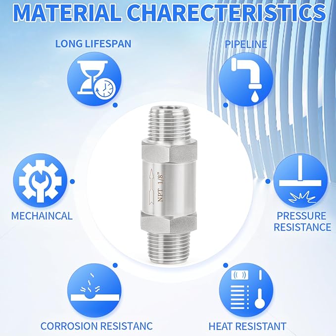 ChillWaves 304 Stainless Steel In-Line Split Check Valve 1/8" NPT Male Thread, One-Way Non-return Check Valve，Prevent Water Back-flow(1-PACK)