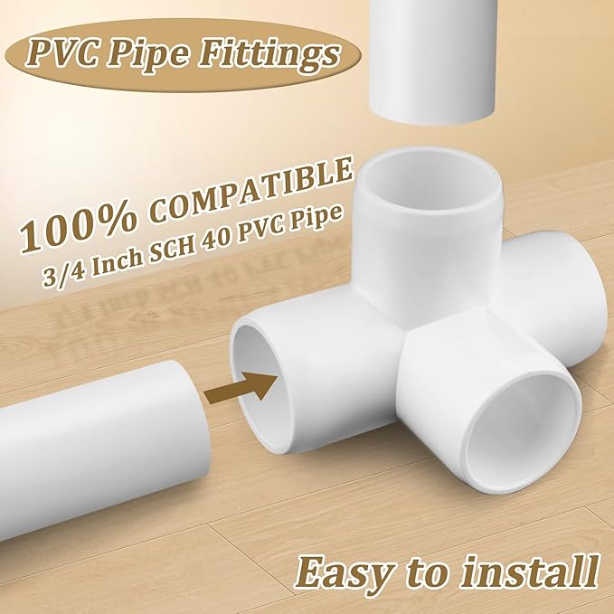 12-Pack 3/4" PVC Fittings 4 Way, Furniture Grade 3/4 Inch PVC Pipe Fittings 4 Way, UV Resistant, Fits SCH40 Pipe DIY Garden Shelves, Greenhouse, Shelf