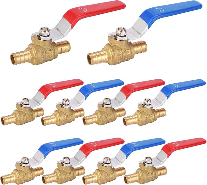 HeSun 10-PCs 1/2 Inch PEX Ball Valves, Full Port Brass Crimp Shut-off Valve, 1/4 Turn for Hot and Cold Water, ASTM F1807,Blue & Red