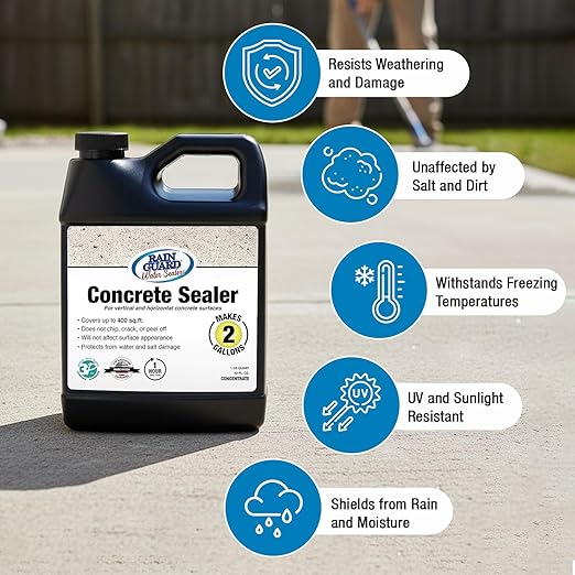 Rainguard Water Sealers Concrete Sealer, Penetrating Protection Against Water and Salt Damage, for All Concrete Surfaces, Silane/Siloxane Waterproofer, Natural Finish, Makes 2 Gallons