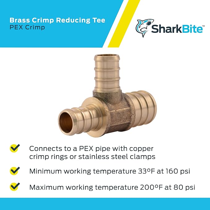 SharkBite 3/4 Inch x 1/2 Inch x 1/2 Inch Crimp Reducing Tee, Brass Plumbing Fitting, PEX Pipe, PE-RT, UC454LFA