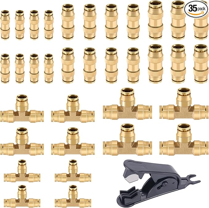 CheeMuii 35 PCS Brass DOT Air Line Fittings Kit 1/4 3/8 1/2 DOT Quick Connect Air Fittings Straight & Tee Union Push to Connect Air Hose Fittings for Semi Truck Trailers Air Brake System