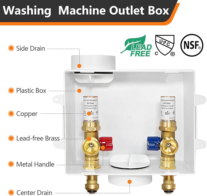 1-Pack HeSun Washing Machine Outlet Box, 1/2 Inch Push-Fit Inlet x 3/4 Inch MHT Outlet, Push to Connect Pex Washer Box with Center Drain,with Copper Water Hammer Arrestor(WM015)