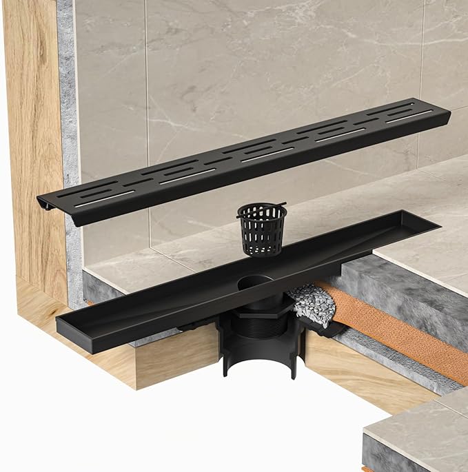 Linear Shower Drain 28" Matte Black 304 Stainless Steel | with Drain Grate| Fast Drainage | Stainless Floor Drain Grate | Hair Strainer | Drain Key | The Upgrade for Your Bathroom