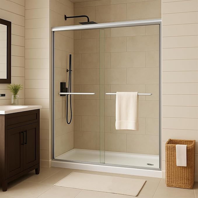 60" W x 72" H Single Sliding Shower Door - Bypass Space Saving Design with 1/4” Clear Tempered Glass & Aluminum Alloy Frame, Easy Installation & Reversible Hinges, Brushed Nickel