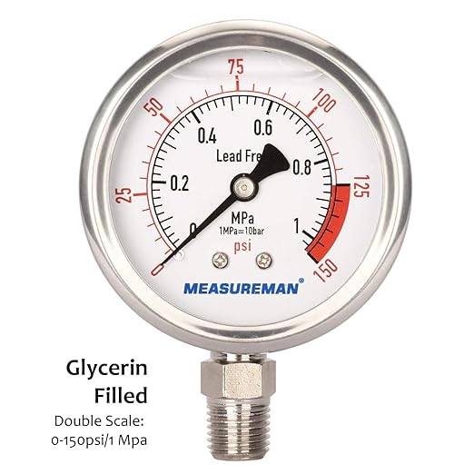 MEASUREMAN Lead-Free Glycerin Filled Reverse Osmosis Pressure Gauge, 2-1/2" Dial Size, 1/4" NPT Lower Mount, 0-150psi/Mpa