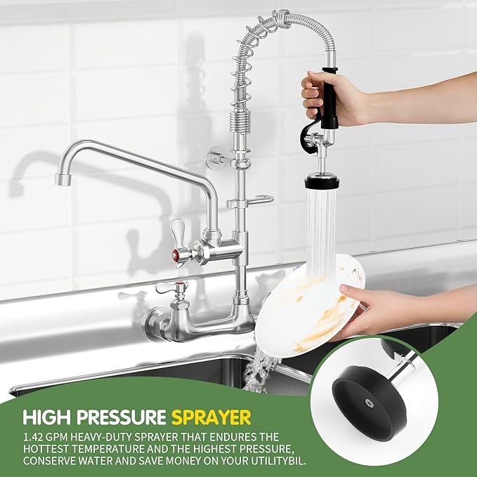 Commercial Sink Faucet,TOLSUNY Commercial Kitchen Faucet Wall Mount with Pre Rinse Sprayer,Wall Mounted Kitchen Sink Faucet for Industrial and Restaurant Sinks. (Classic, 25)