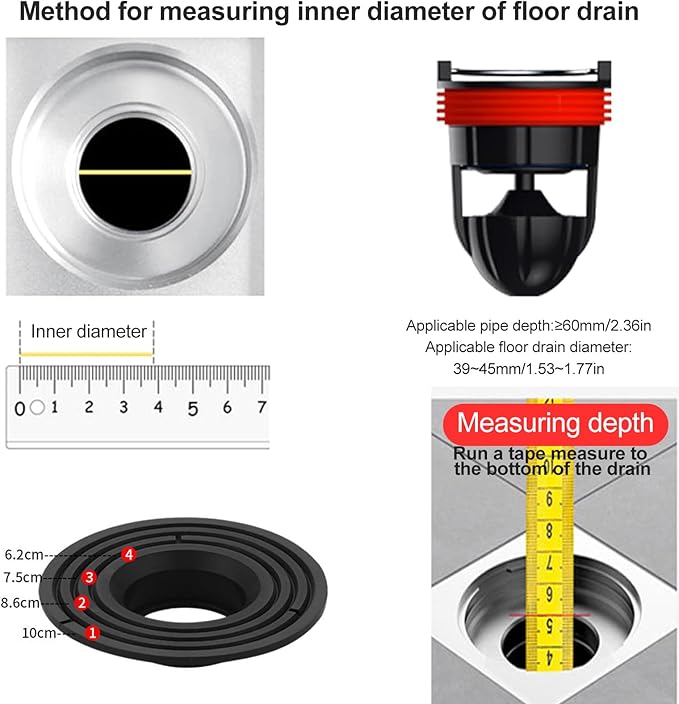 Shower Floor Drain Backflow Preventer Large Caliber Variable Diameter Sealing Gasket One Way Drain Valve Fast Drainage Shower Plug Insert Drain Plug，Suitable for Caliber 1.46"-3.9"