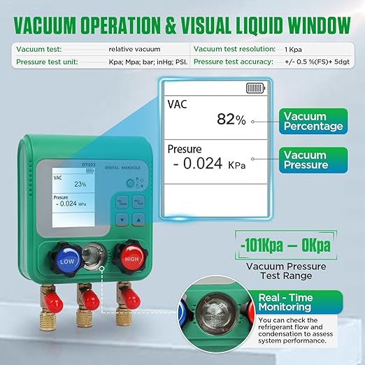 Digital Manifold Gauges HVAC, 92 Refrigerant Dual Pressure & Vacuum Test HVAC Gauges with Hoses R22 R134a R410a Refrigerant Gauge Set with 1/4" SAE Interface, Portable Hook