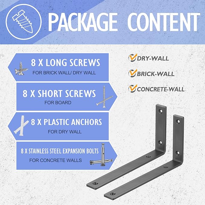 CLT Black Shelf Bracket, 8” X 4.3” Quarter Inch (1/4") Thick- Max Load: 440 lb Rustic Industrial Modern Farmhouse Heavy Duty Cold Rolled Steel Bracket for Table Bench, Space Saving DIY, Pack of 4