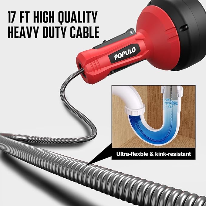 POPULO Drain Auger, Auto Feed Plumbing Snake Clog Remover for Unclog Sink Drain 3/4"-2" Pipe, Snake Hair Drain Clog Remover Cleaner Tools Manually or Powered for Shower, Bathtub, Kitchen, Sink