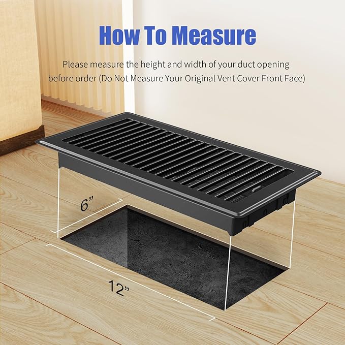 Floor Register Fits 6x12 and 12x6 Duct Opening - Heavy Duty Walkable Floor Vent Covers 4 Pack - High Airflow Adjustable HVAC Air Vent - Steel Rust-Proof Finish Vent Covers for Home & Office - Black