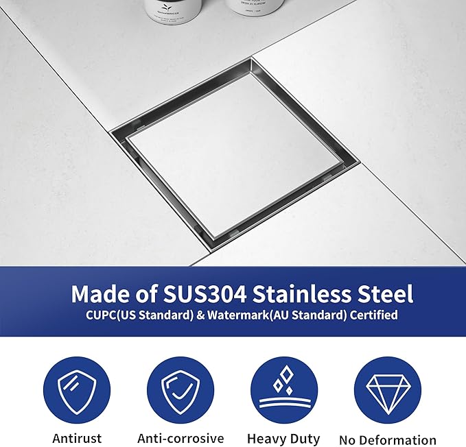 Square Shower Drain 6", Brushed Floor Drain with Tiled Insert Grate & Hair Strainer, 304 Stainless Steel Bathroom 2-in-1 Tiled in Drain, CUPC Certified (Brushed, 6'')
