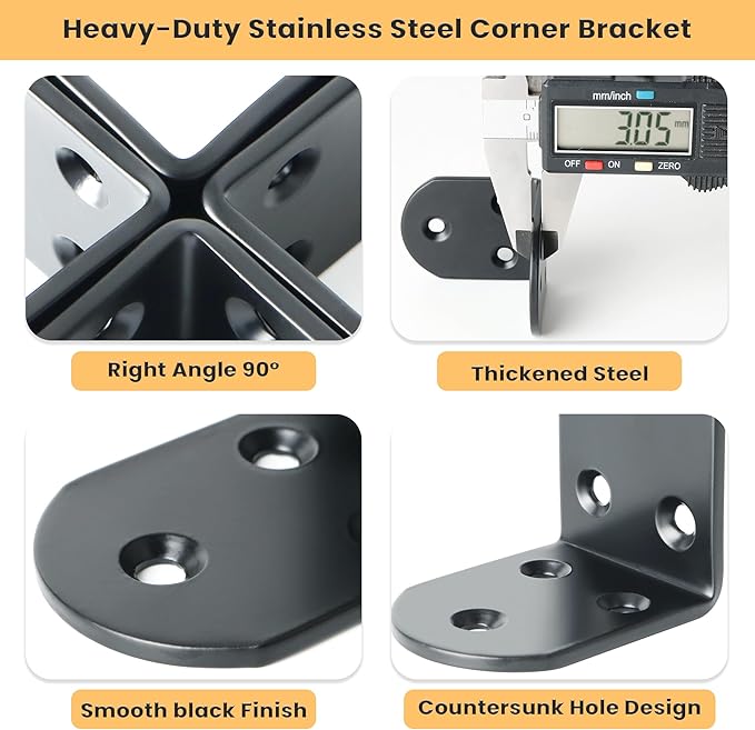 Alise 4Pcs Stainless Steel L Brackets for Shelves Black, Small Floating Shelf Brackets, 90 Degree Right Angle Bracket, Heavy Duty Metal L Bracket Corner Brackets for Wood Furniture (1.97X1.97 in)