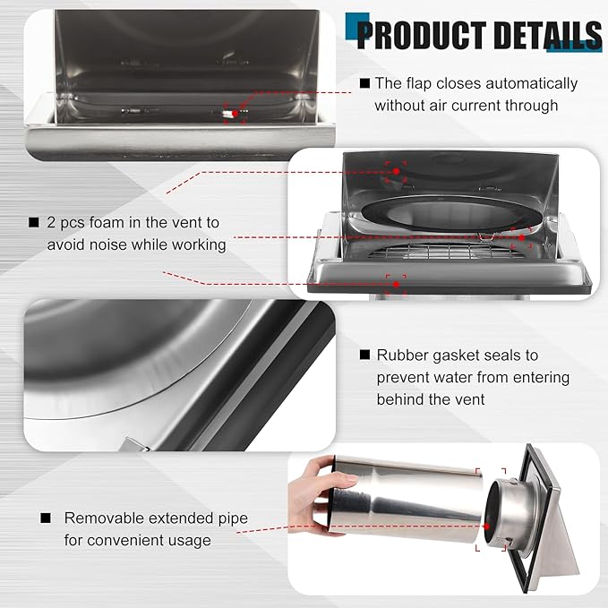 Gisafai 4" Outside Dryer Vent Cover for Exterior Walls Exhaust Vent Cap with Removable Extension Pipe Stainless Steel Hood Cushioned Non Return Flap with Sealing Gasket Grille Screen