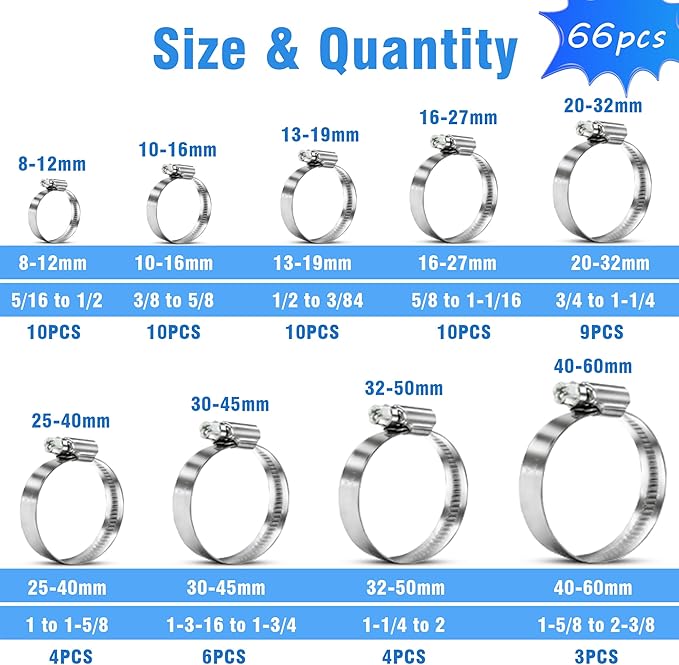 66pcs Heavy Duty Hose Clamps Set with Hexagonal Socket Wrench, 304 Stainless Steel Worm Gear Drive Hose Clamp Metal Fuel Line Pipe Clamp for Plumbing, Automotive And Mechanical Application