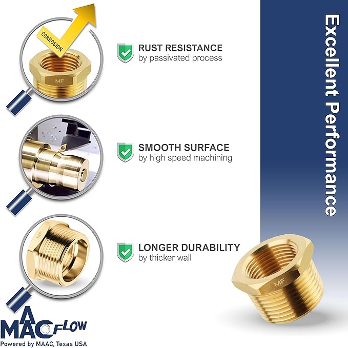 MAACFLOW brass 1/2" Male NPT to 3/8" Female NPT Adapter Reducer Hex Bushing (Thread OD 0.81" - ID 0.58") (pack of 2)