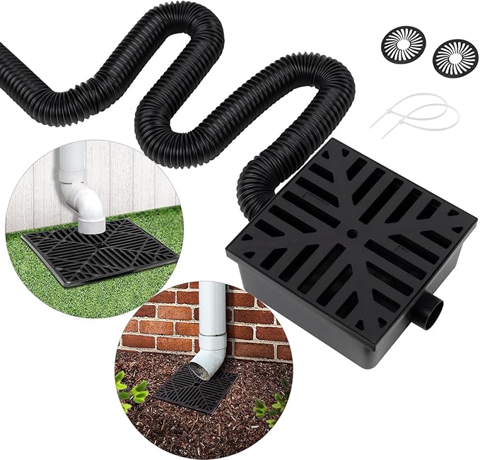 Catch Basin Downspout Extender, Gutter Downspout with Flexible Pipe, No Deep Dig Low Profile Catch Basin 10"×10" Protect House Foundation