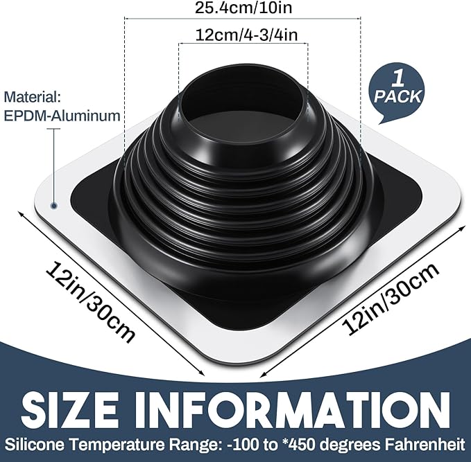 #6 Metal Roof Vent Boot Chimney Flashing Roof Jack Pipe Vent for Pipe OD 5 to 10 Sleeve Square Base Epdm (12 Inch, Black)