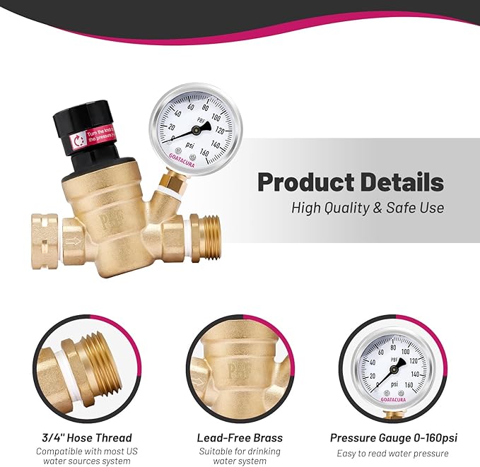 RV Water Pressure Regulator, Lead-Free Brass Adjustable Water Pressure Reducer Valve, with Gauge and Inlet Screen Filter, for RV Camper Travel Trailer