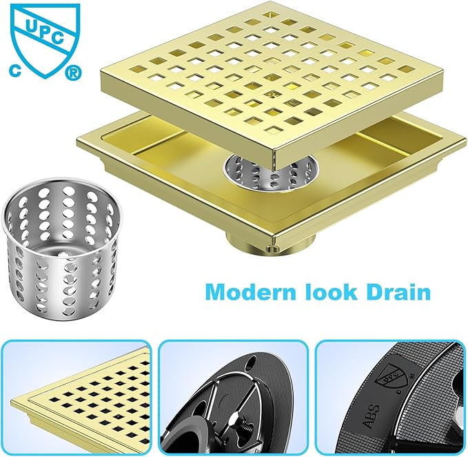 6 Inch Square Shower Floor Drain with Removable Cover Grid Grate, SUS 304 Stainless Steel, Watermark&CUPC Certified, Chrome Finished (Gold, 6 in)