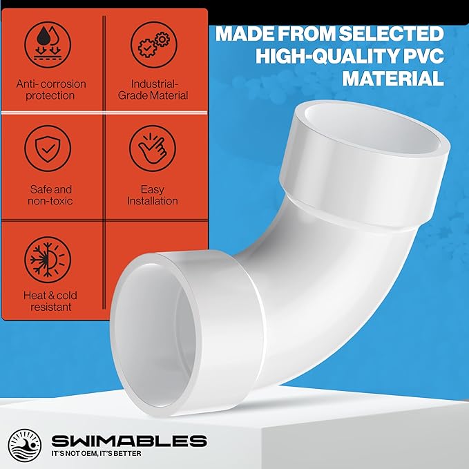 Swimables 2 Inch PVC Sweep 90 - Long Elbow Connector, Schedule 40 10 PVC Sweep 90 Degree Elbow, High-Flow Pipe Elbows Fitting, Compatible with Spa Plumbing & Waterway Installations (10 Packs)