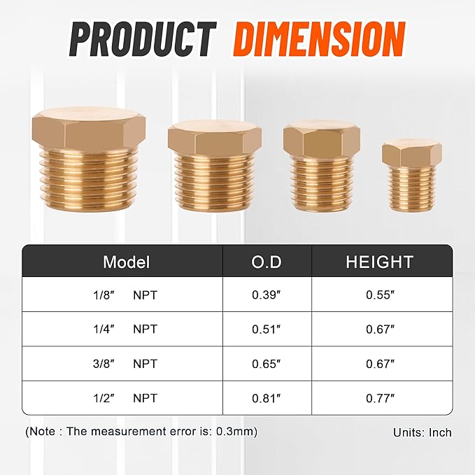 24 PCS Brass Hex Pipe Plug Fittings Kits,Brass Plugs Fitting Assortment Kit 1/8" 1/4" 3/8" 1/2" NTP Plugs Male Threaded