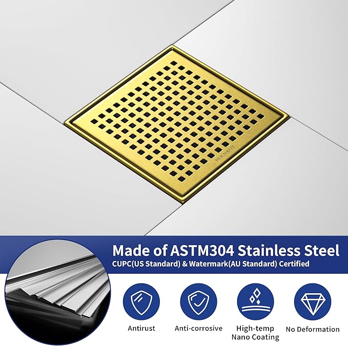 Square Shower Drain 6", 304 Stainless Steel Floor Drain with Grid Drain Cover & Hair Strainer, Shower Drain w/CUPC Certified, Brushed Gold