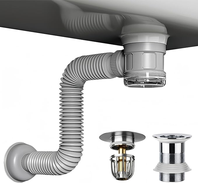 Bathroom Sink Drain Kit with Flexible Expandable Pipe: Odor-Free & Backflow-Preventing, Space-Saving Design without a P-trap, For 1-1/4'' & 1-1/2'' Drain Hole (Chrome, Without Overflow)