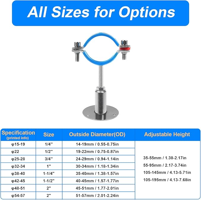 Kodilin 4PCS 304 Stainless Steel Wall Mount Ceiling Mount Pipe Supports,Suitable for OD Pipe 1/2"(19-22mm),Adjustable Height 50-100mm,Adjustable Pipe Strap Clamp with Screws