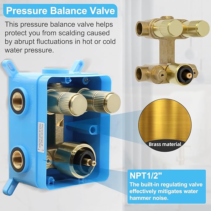Brushed Gold 2-Way Thermostatic Shower Diverter Valve Kit - Solid Brass, Adjustable Flow, Temperature Control Mixer Valve - Perfect for Bathroom Renovation