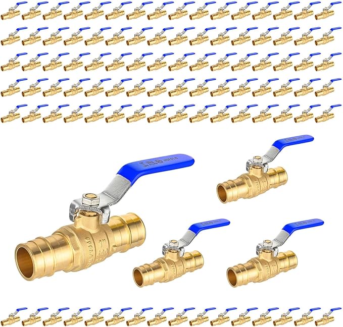 100-Pack Foskan 1" Brass PEX-A Ball Valve with Blue Handle, Quarter Turn Full Port Valve for PEX-A Pipe Connection