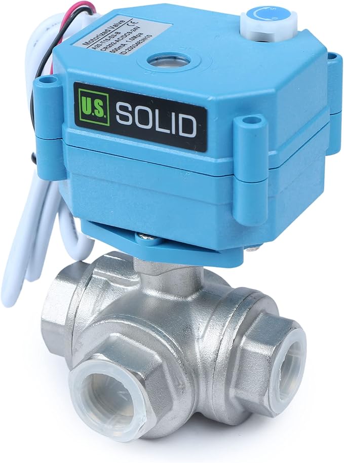 U.S. Solid 1/2" 3 Way Stainless Steel Motorized Ball Valve L Type AC/DC9-24V, Water Shutoff Valve with Manual Function, Standard Port