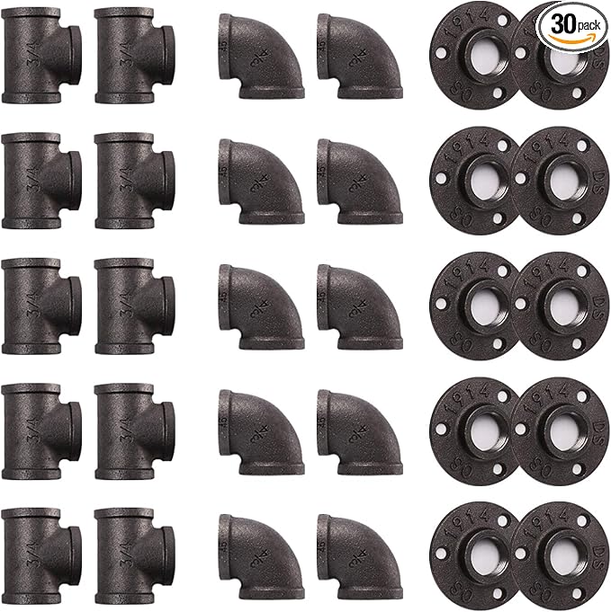 Pipe Fitting, 30 Pack 1" Grey Floor Flange/Elbow/Tee Combo for Industrial vintage style, Flanges/Elbow/Tee with Threaded Hole for DIY Project/Furniture/Shelving Decoration (30, 1")