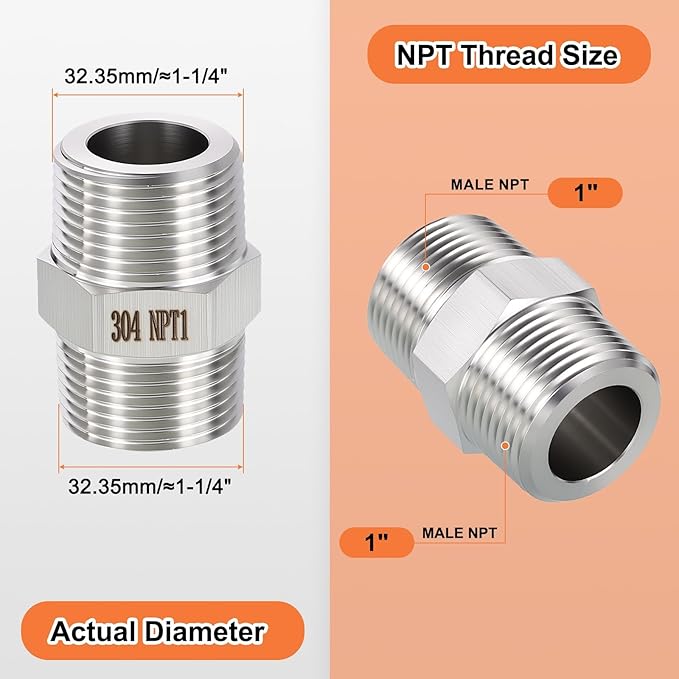1 Pack 304 Stainless Steel Male to Male Adapter, 1" MNPT x 1" MNPT Hex Nipple Pipe Extension Fitting for Industrial, Automotive, Fluid Transfer, Home Gardening, Water