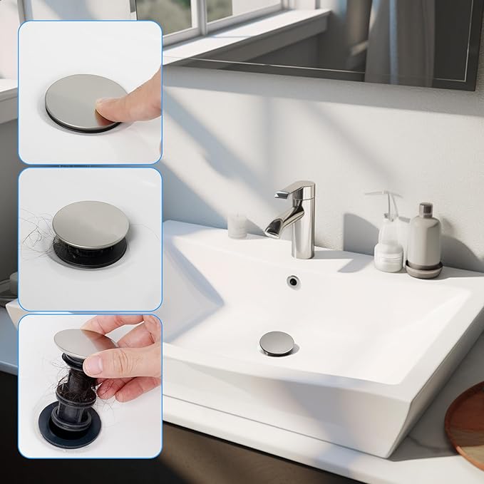 Hibbent 2 Pack Universal Bathroom Sink Drain Stopper, Pop Up Drain Strainer with Overflow, Push and Seal Sink Plug with Basket for Lavatory Vanity Vessel, Anti-Clogging Strainer, Brushed Nickel