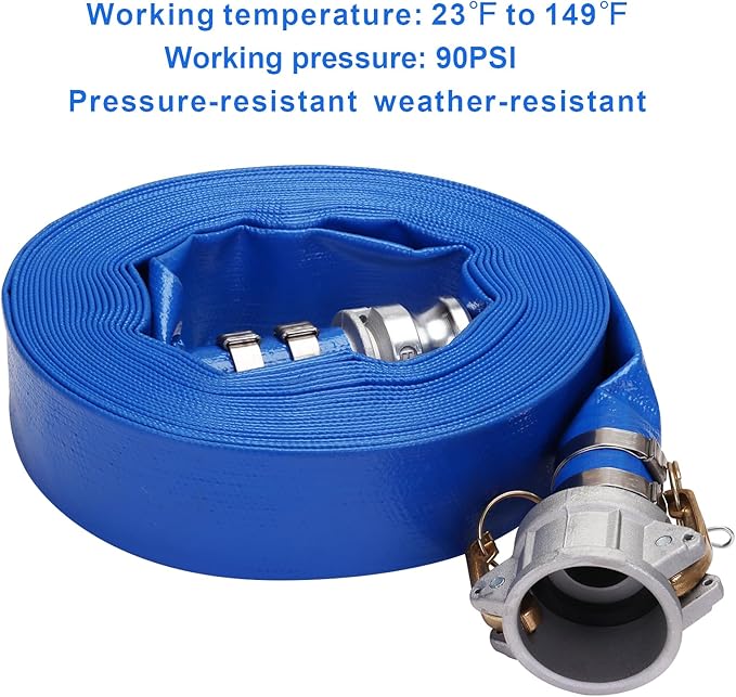 Lay-Flat Pool Backwash Hose - 1.5" x 50Ft with Aluminum Camlock C & E Fittings Reinforced Heavy Duty PVC Discharge Hose Weather-Proof Vinyl Pool Drain Hose for Water Transfer