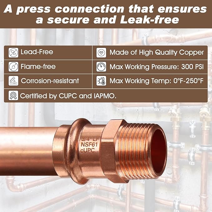 Copper Press Fittings Adapter,12PCS Plumbing 3/4” Press Fittings x 3/4” Male NPT Copper Press Male Adapter Pressure Coppers Fitting, 3/4” Male NPT x 3/4” Press LF Coppers Press Adapter Fittings