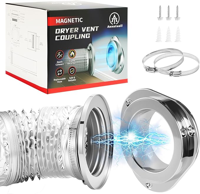DV180 Magnetic Dryer Vent Coupling, Airtight Seal Magntic Drver Vent Connector Kit, Including 6-Ply Aluminum Foil Duct and 2 Clamps, Easy to Clean Quick Connector