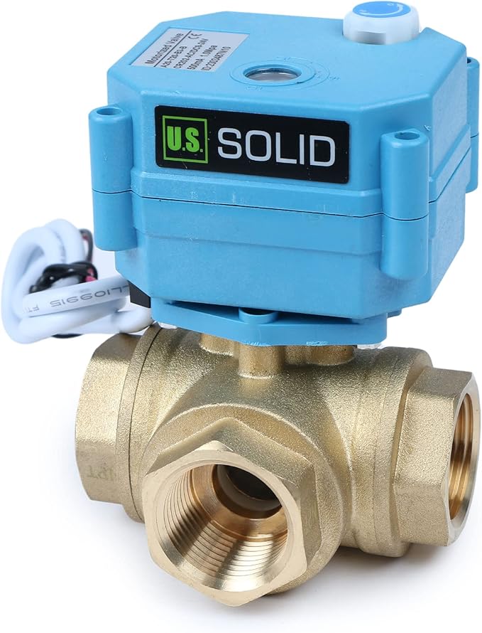U.S. Solid 3/4" 3 Way Brass Motorized Ball Valve L Type AC/DC9-24V, Water Shutoff Valve with Manual Function, Standard Port, NOT for Drinking Water