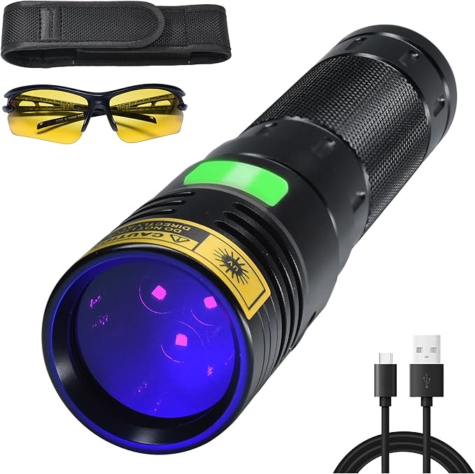 DARKBEAM Flashlight UV 365nm Black Light High Power 3 LEDs USB -C Rechargeable, 20W Mini Woods Lamp Ultraviolet with Filter - Detector for Pet Urine, Uranium Glass - Leak Detection - Resin Curing