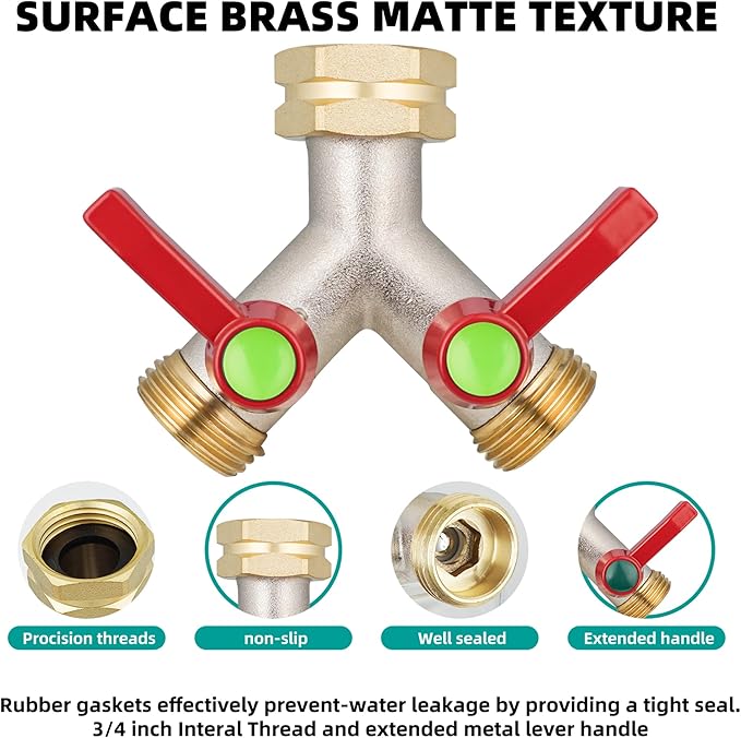 Hose Splitter 2 Way,High flow Garden Hose Splitters, Y Splitter 2 Valves, Faucet Splitter, 2 Way Heavy Duty Brass Splitter, Outdoor Faucet Diverter, Y Valve 3/4" GHT Thread.