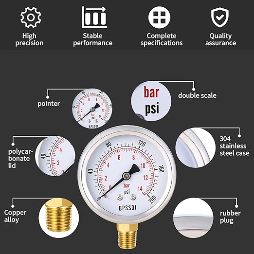 0-200 Psi Pressure Gauge, 2.5" Dial Size, 1/4" NPT Lower Mount, 304 Stainless Steel Case, Water Pressure Gauge Test for Pool Pump, Sand Filter, Air Compressor, Espresso(with Tape)
