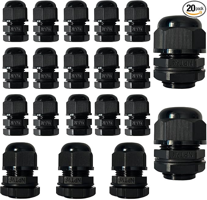 20Pcs Black Cable Glands Adjustable NPT Waterproof Glands 1/2"1/4"3/4" Cord Grip Strain Relief Wire Plastic Cable Connectors NPT Waterproof Grommet Wire Gland Electrical Conduit Fittings Bulkhead