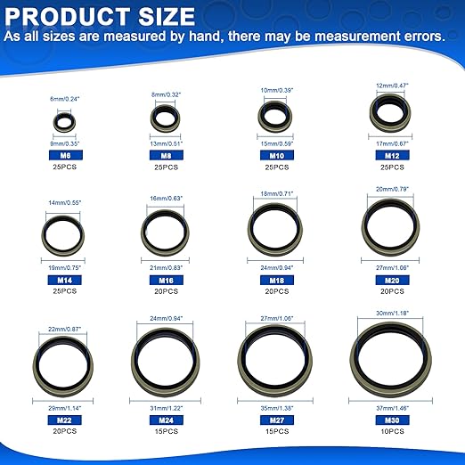 Bonded Seal Washer, NBR Metric Metal Automotive Sealing Washers Assortment Kit, 245PCS Self-Centred Sealing Rubber Gasket Combination Fit 12 Size M6 M8 M10 M12 M14 M16 M18 M20 M22 M24 M27 M30