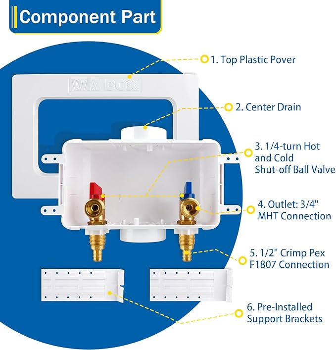 Washing Machine Outlet Box with Center Drain, 1/2" Crimp Pex F1807 Inlet x 3/4" MHT Outlet Connection with Hot and Cold 1/4-turn Shut-off Ball Valve