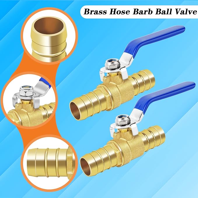 Brass Hose Barb Ball Valve Kit-2pcs 5/8" Heater Hose Shut Off Valve with Stainless Steel Clamps-High Temperature Resistance Shut off PEX Ball Valve for Water, Oil, Gas, Fuel line Fittings