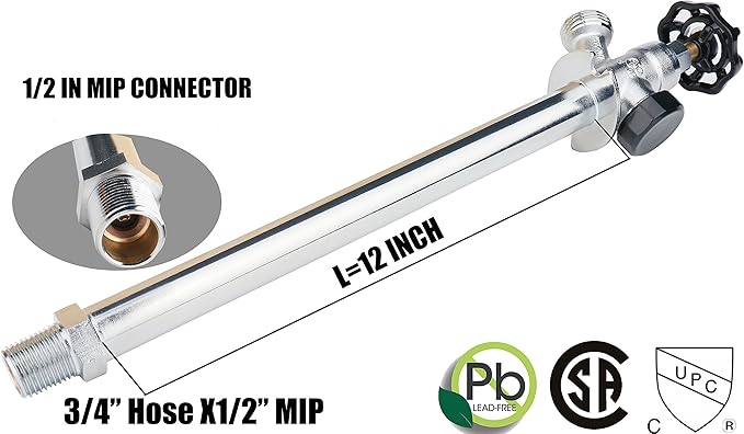 WHK Brass 12" Frost Proof Outdoor Faucet, Anti-Siphon Sillcock, Polished Chrome, 1/2" MIP x 3/4" Hose Bibb