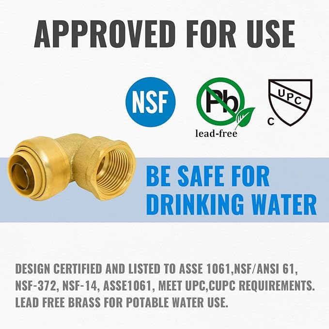 SUNGATOR 3/4 Inch Female Adapter Elbow, 3/4 Inch FNPT, No Lead Brass Push-to-Connect Plumbing Fittings for PEX Pipe, Copper, CPVC, with 1 Disconnect Clip and 1 Sealing Tape, Pack of 2
