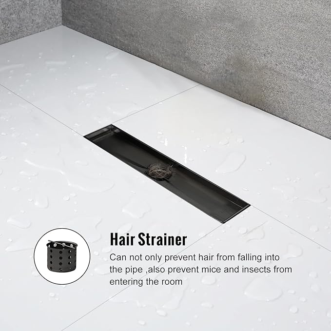 Linear Shower Drain, 12 inch Black Drain with Removable Grate Cover, Brushed 304 Stainless Steel Shower Floor Drain, Linear Drain with Hair Strainer and Adjustable Feet